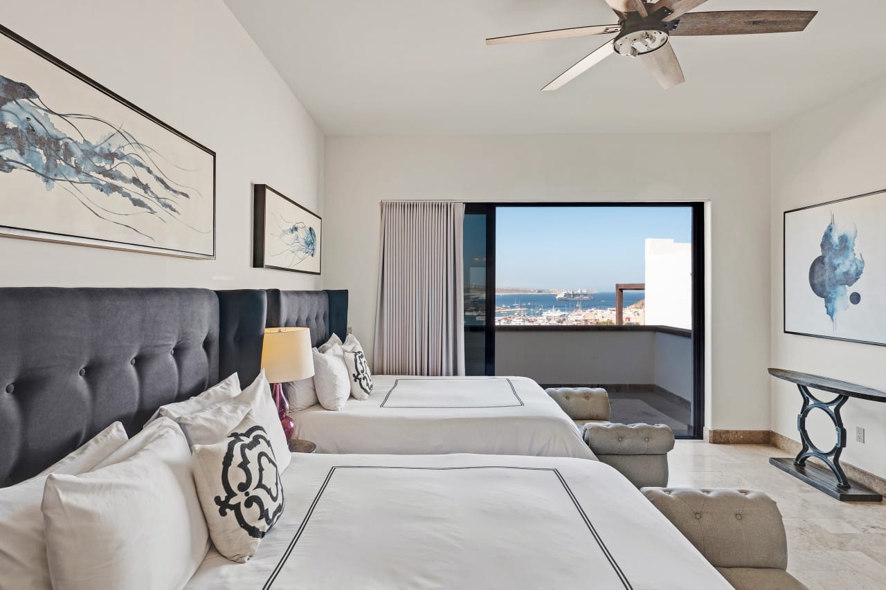 Modern bedroom with ocean view.