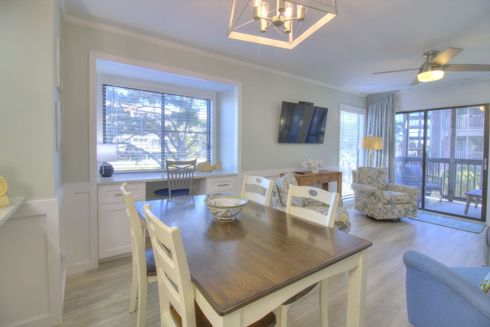 Bright dining and living room interior.