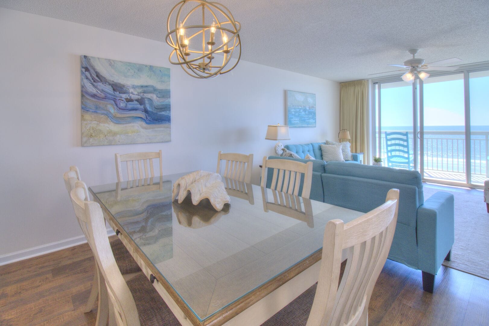 Bright dining and living room interior.