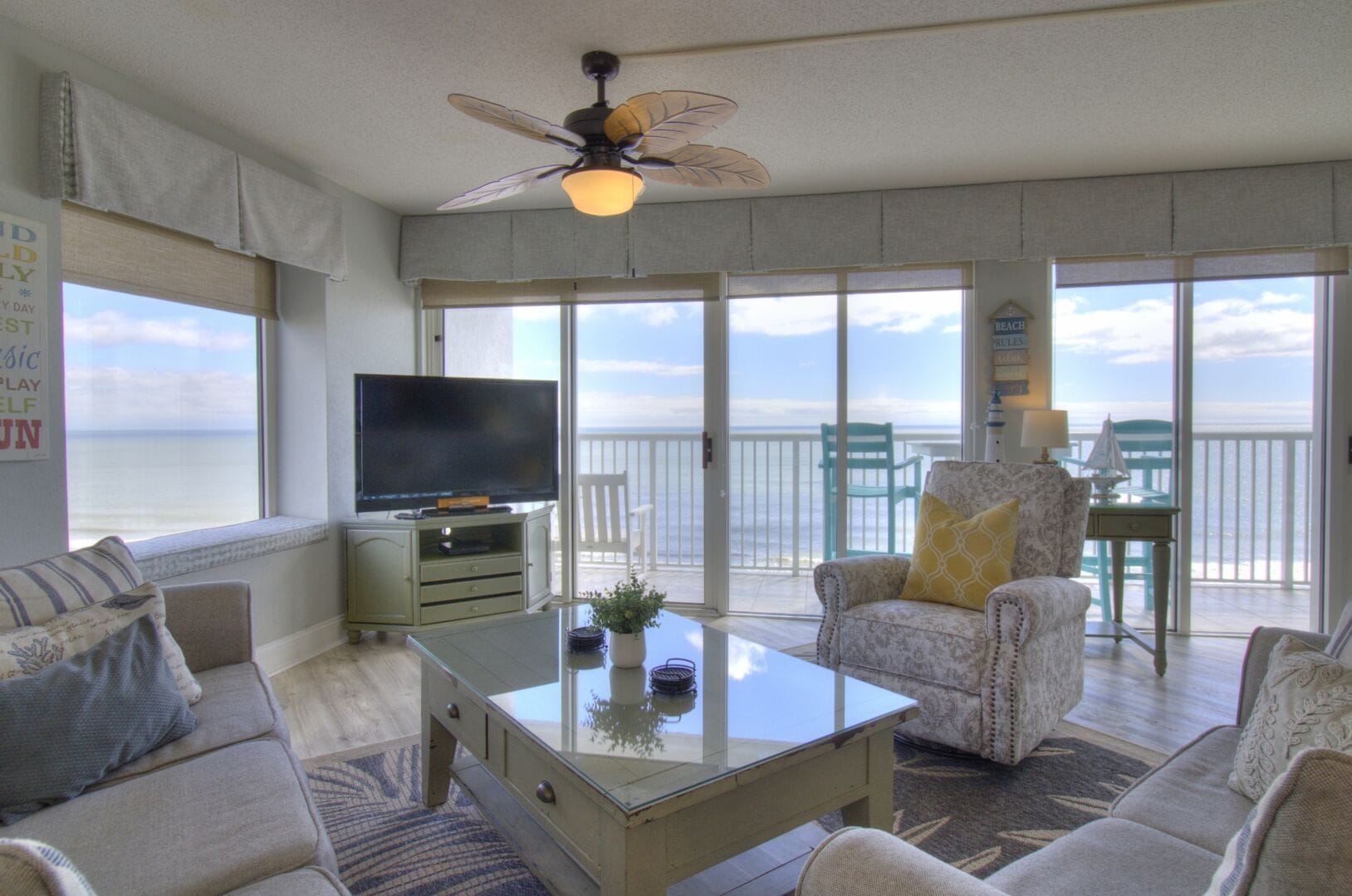 Coastal living room with ocean view.