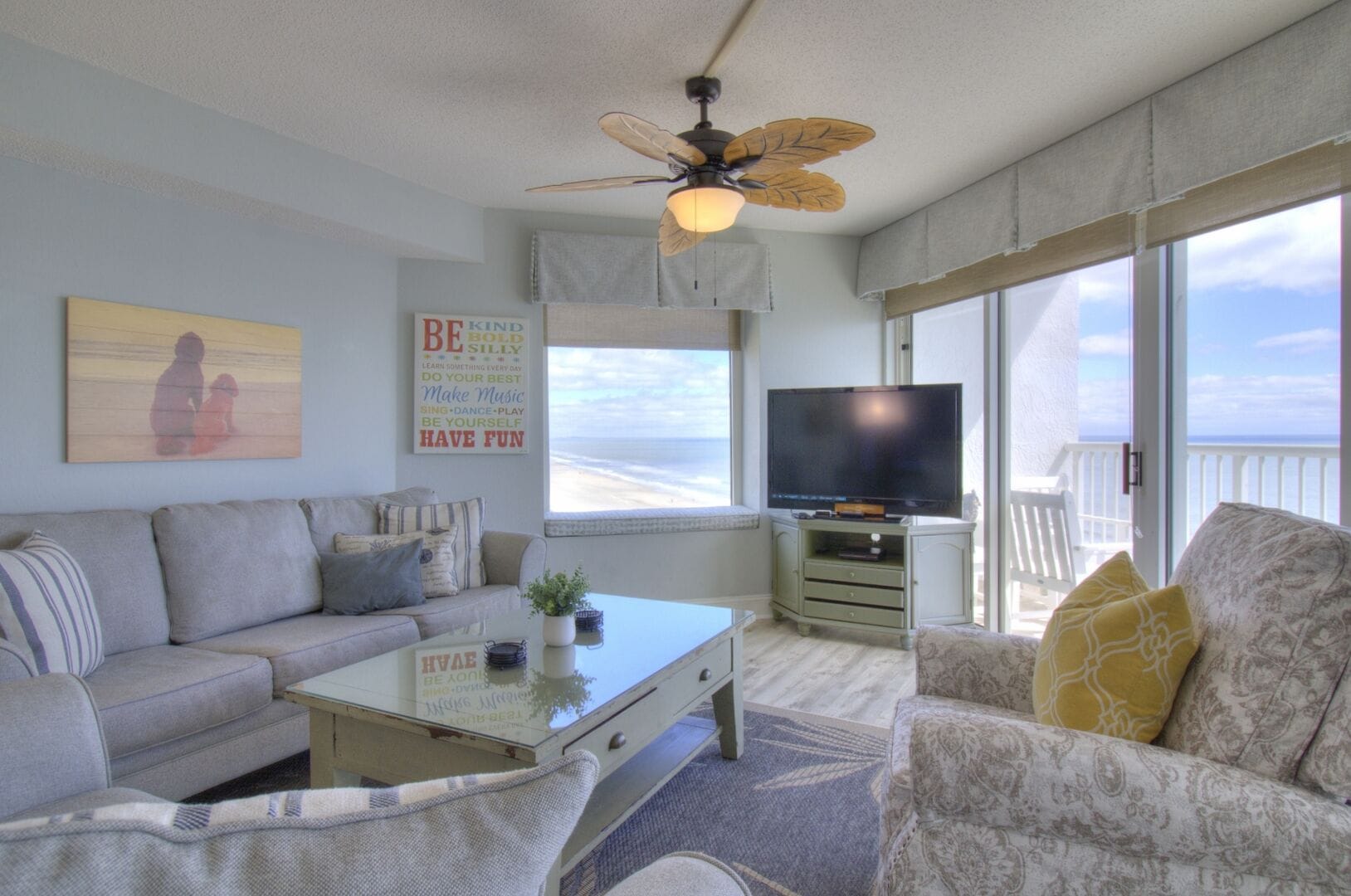 Bright living room with ocean view.