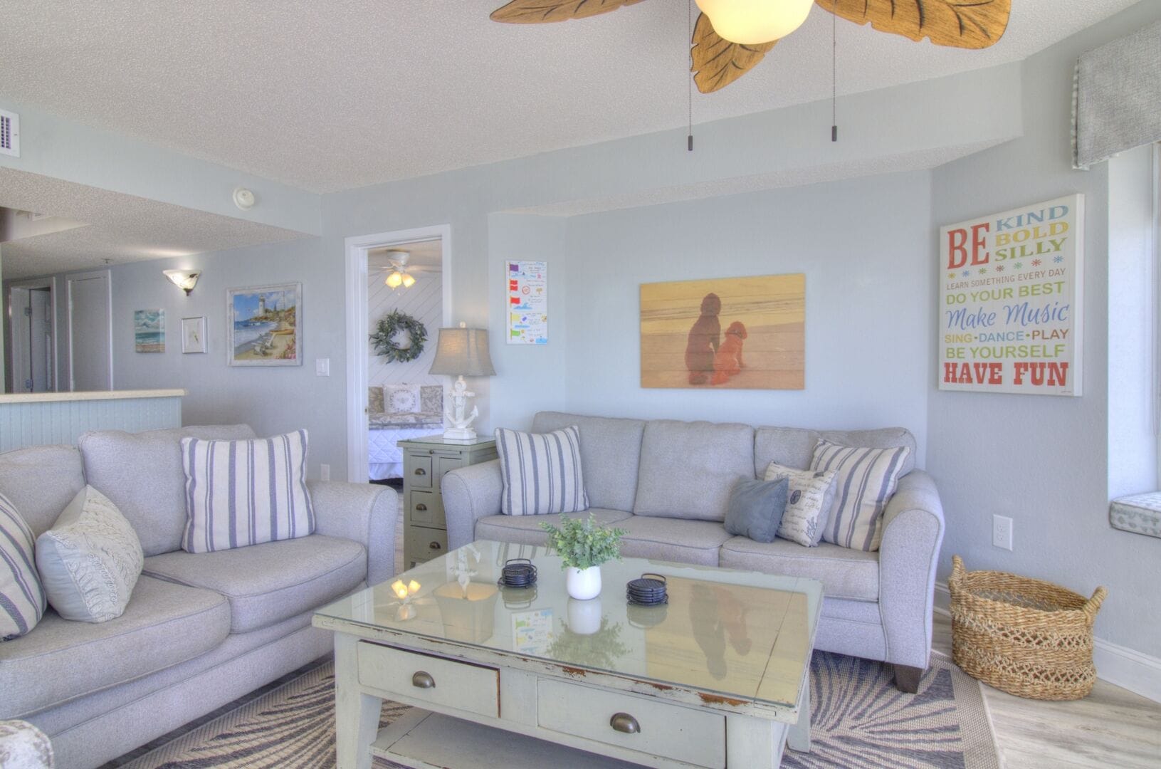 Cozy living room with gray couch.