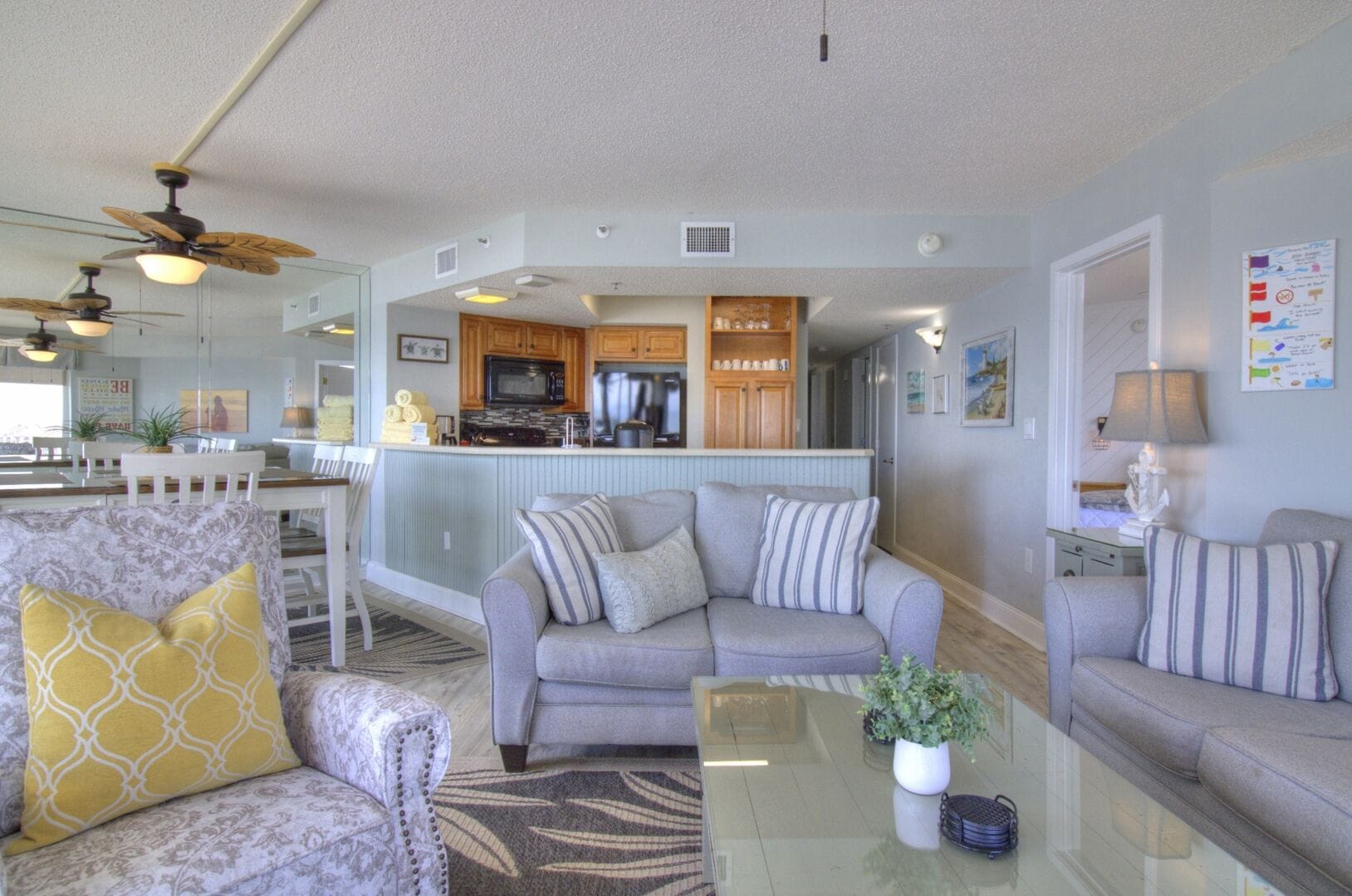 Cozy living room and kitchen area.