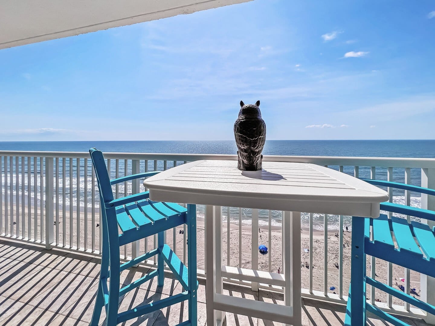 Beachfront balcony with owl statue.