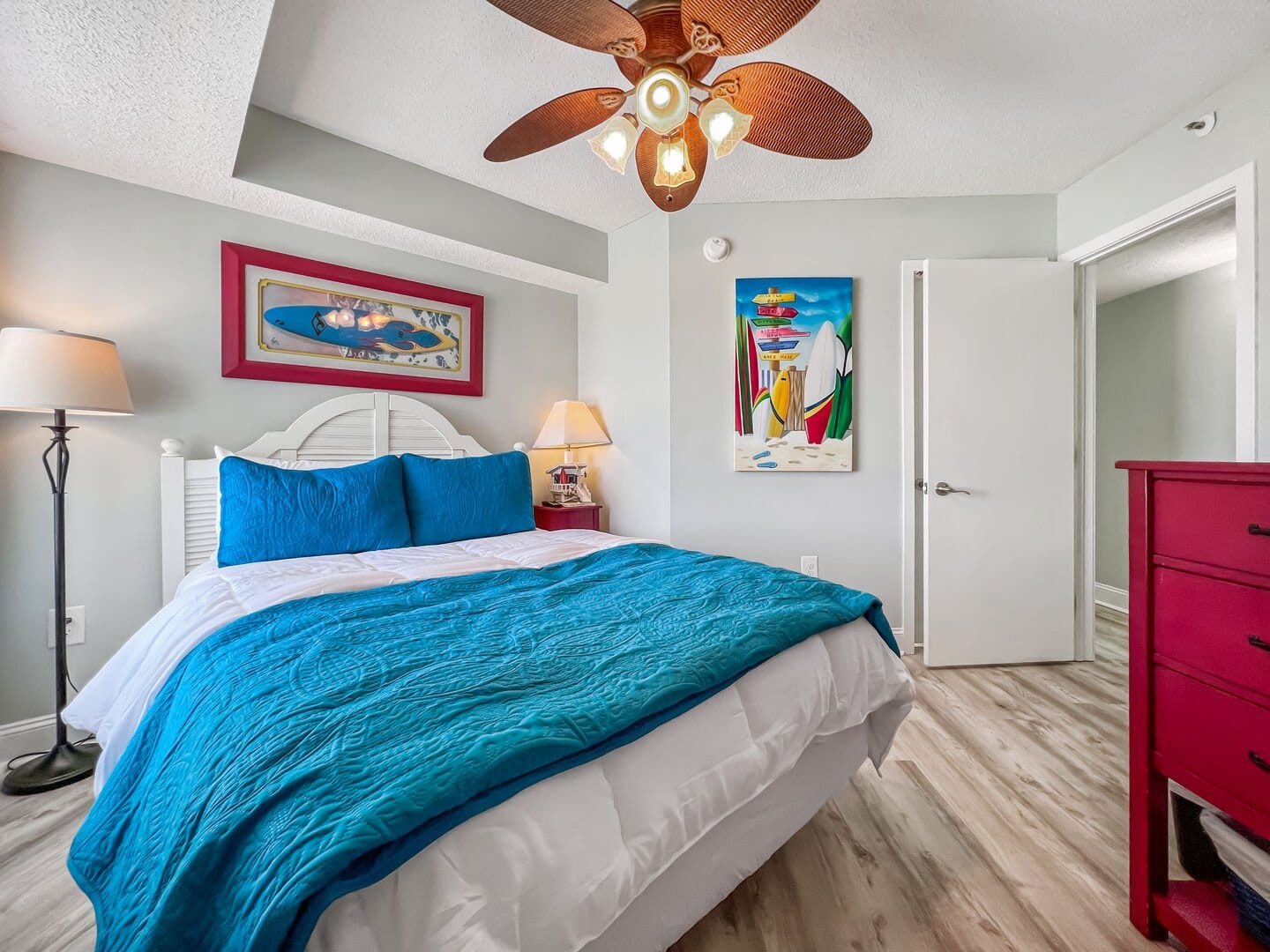 Bright bedroom with colorful decor.