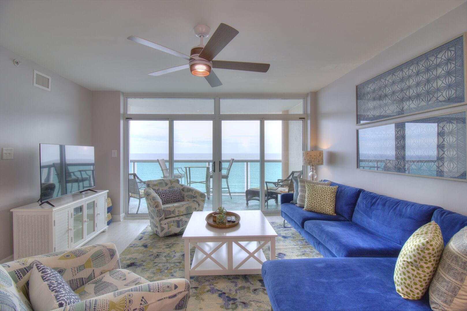 Bright living room with ocean view.