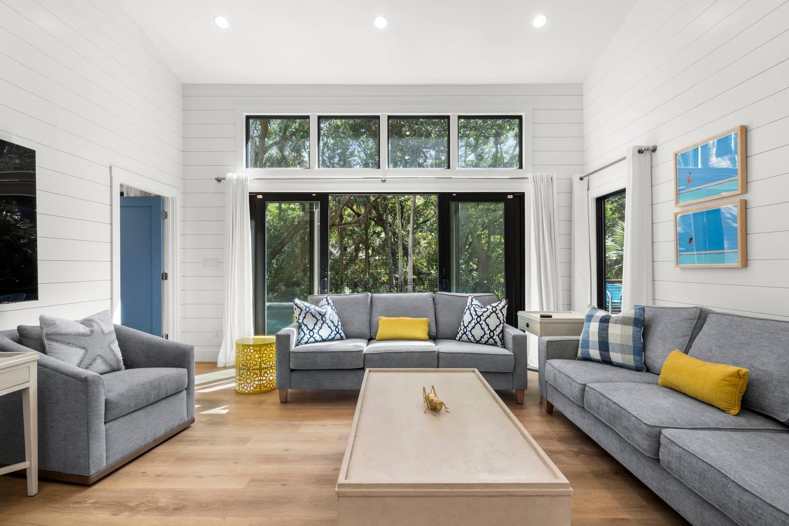 Living room with gray sofas.