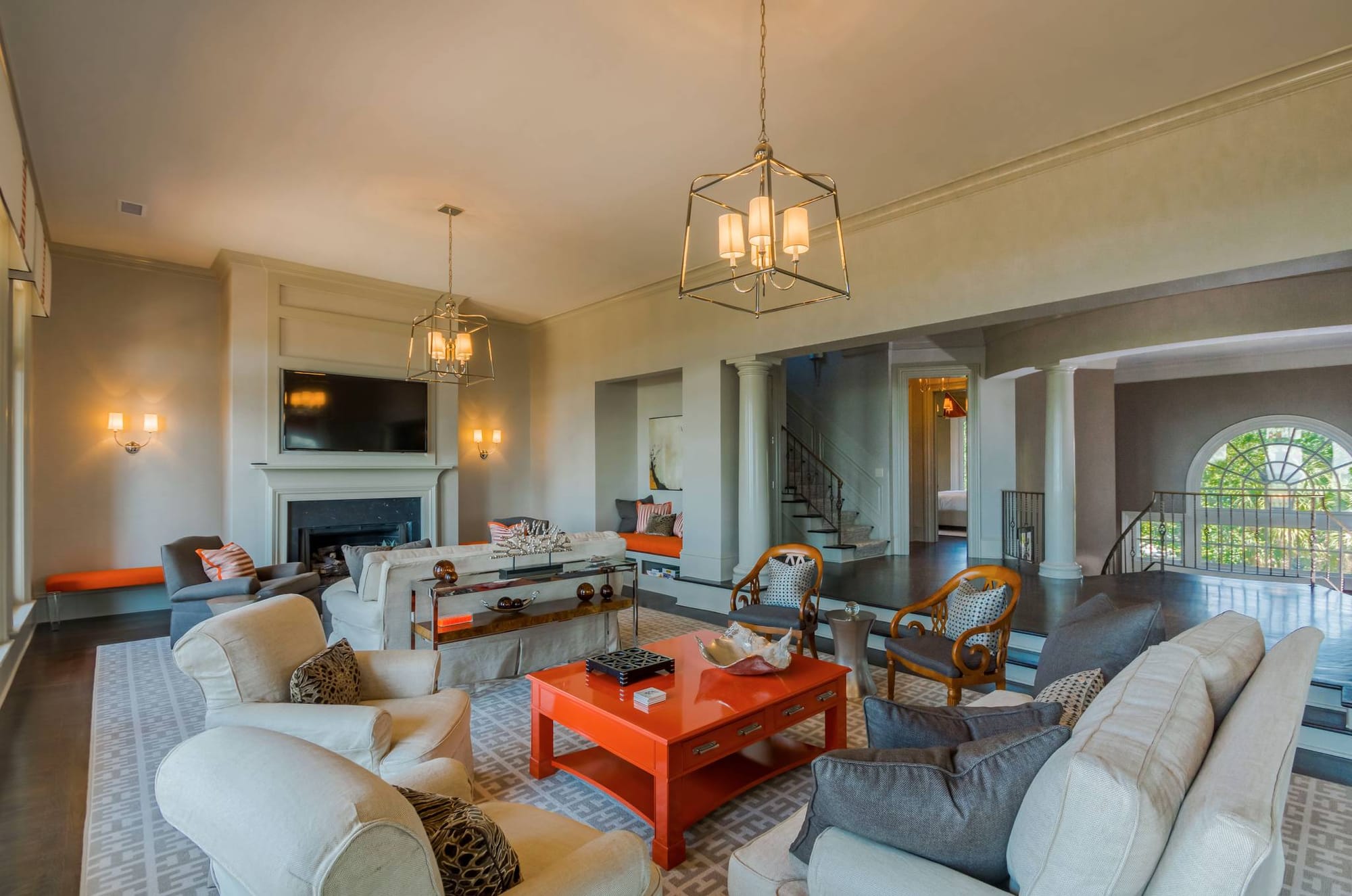 Spacious living room with fireplace.