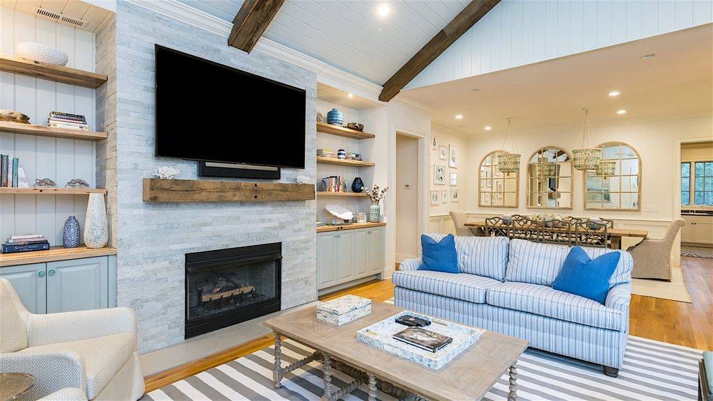 Cozy living room with fireplace.