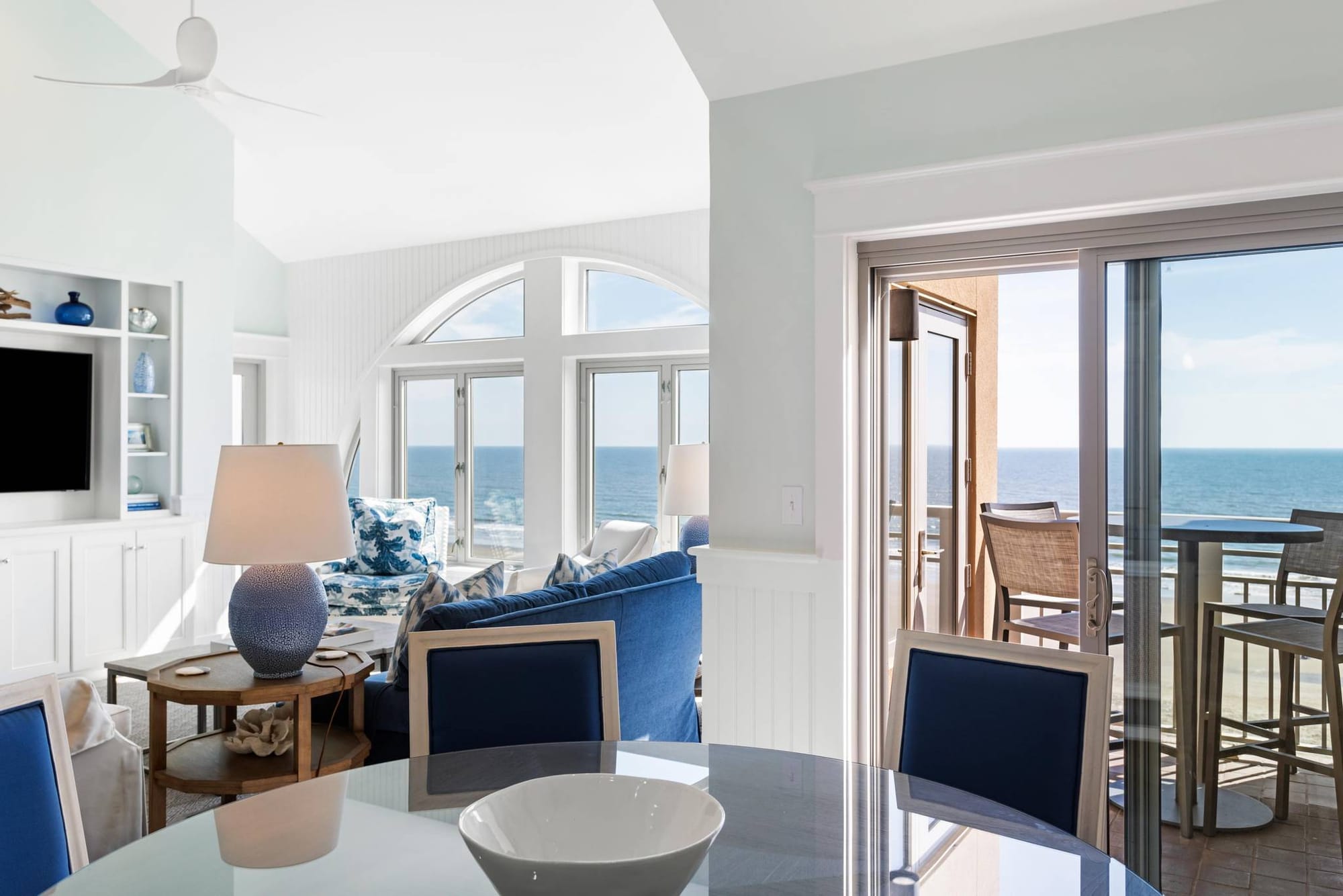 Coastal living room with ocean view.