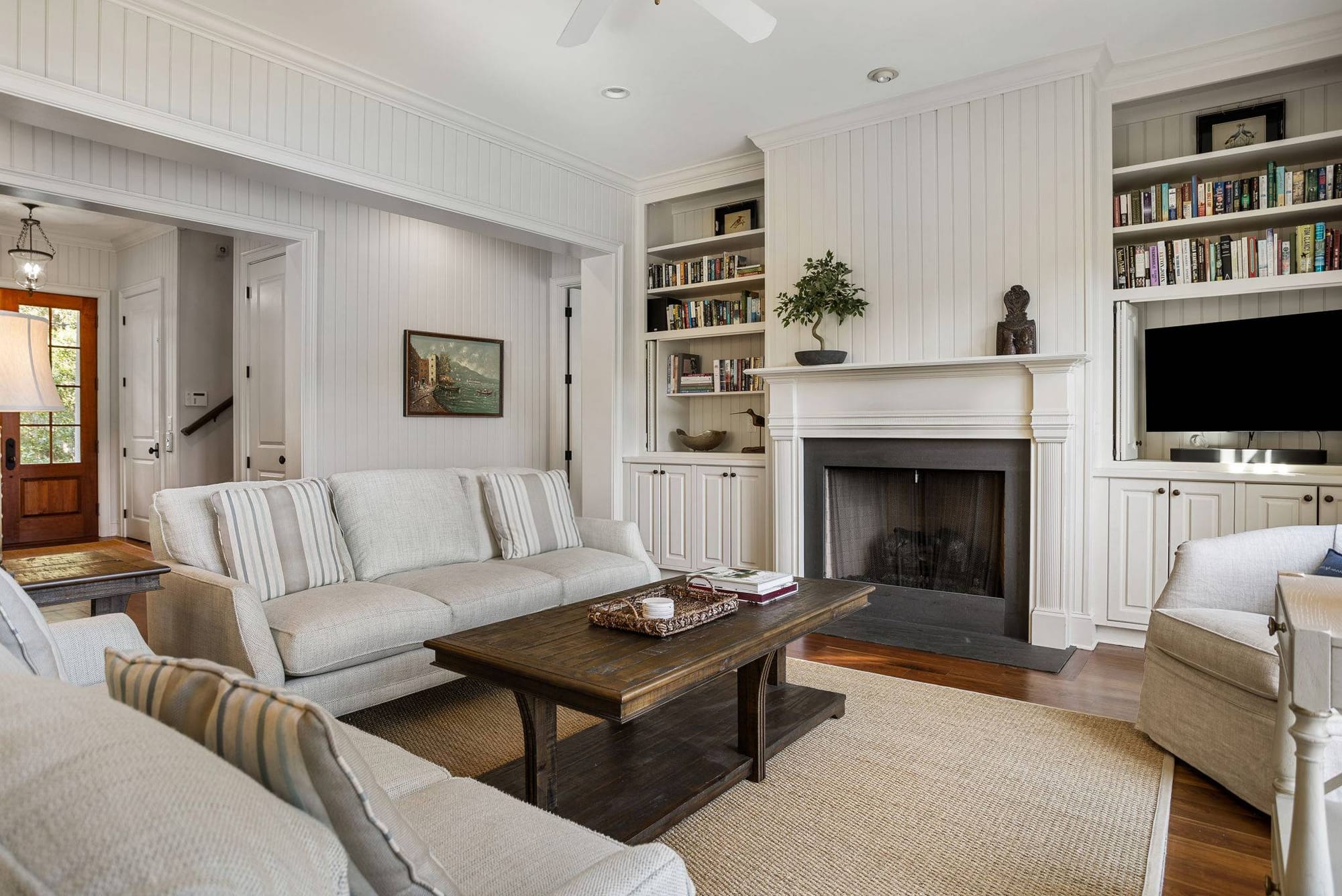 Cozy living room with fireplace.