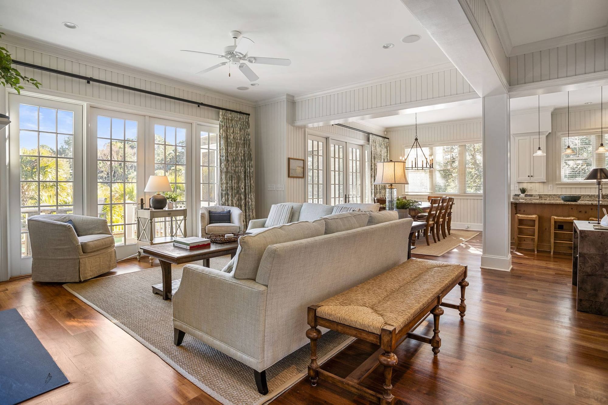 Open-concept living room with kitchen.