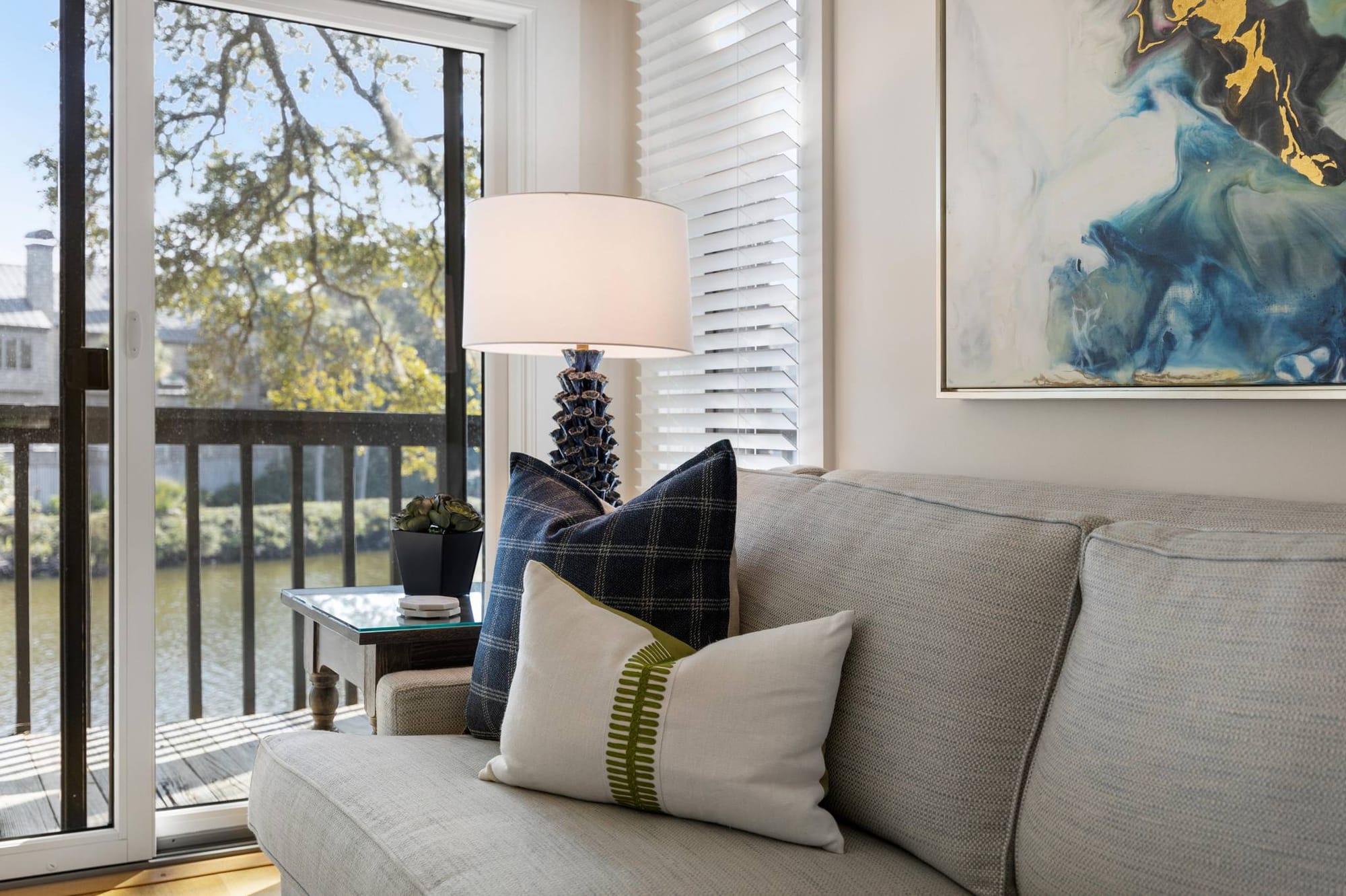 Cozy living room with river view.