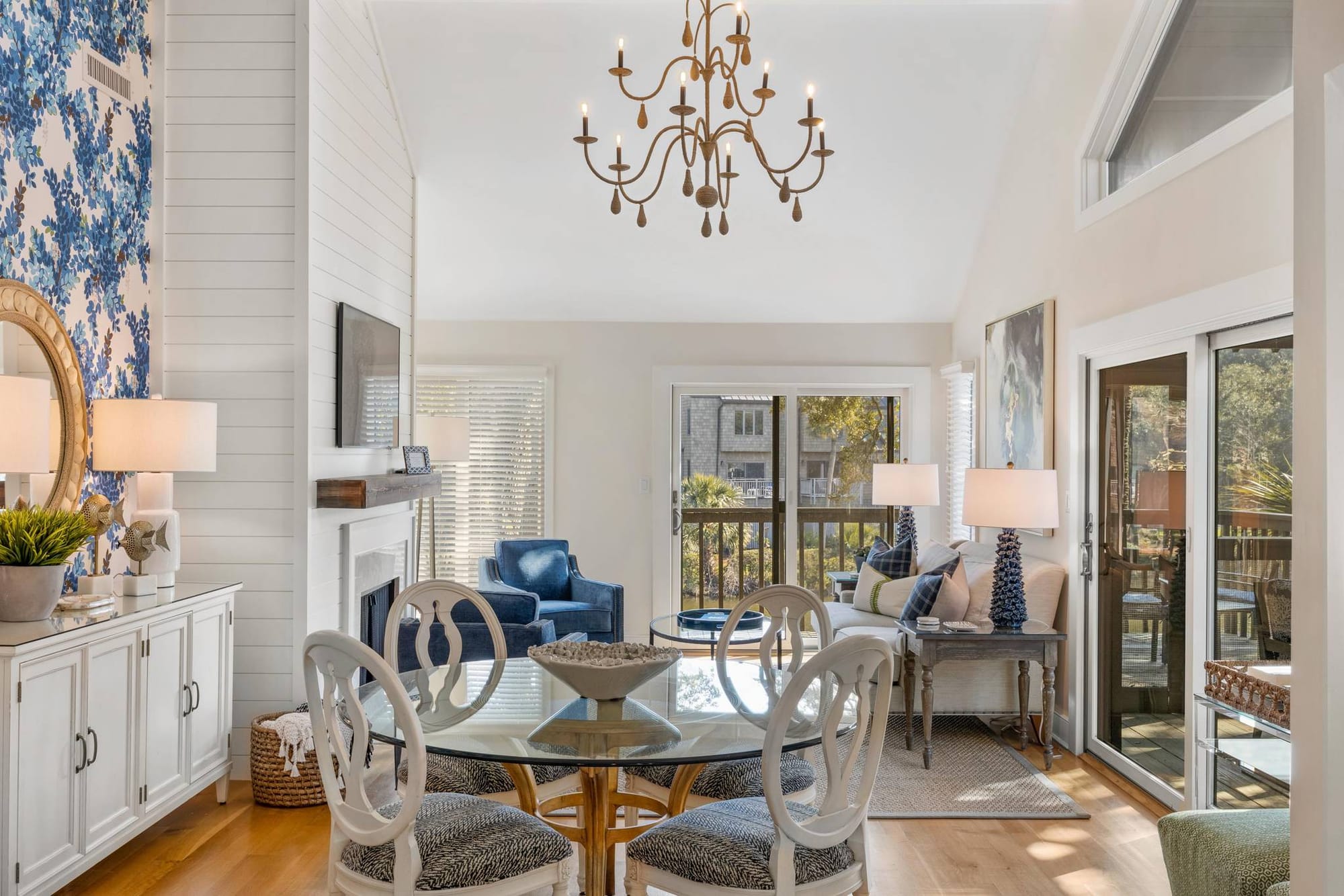 Elegant living room with chandelier.