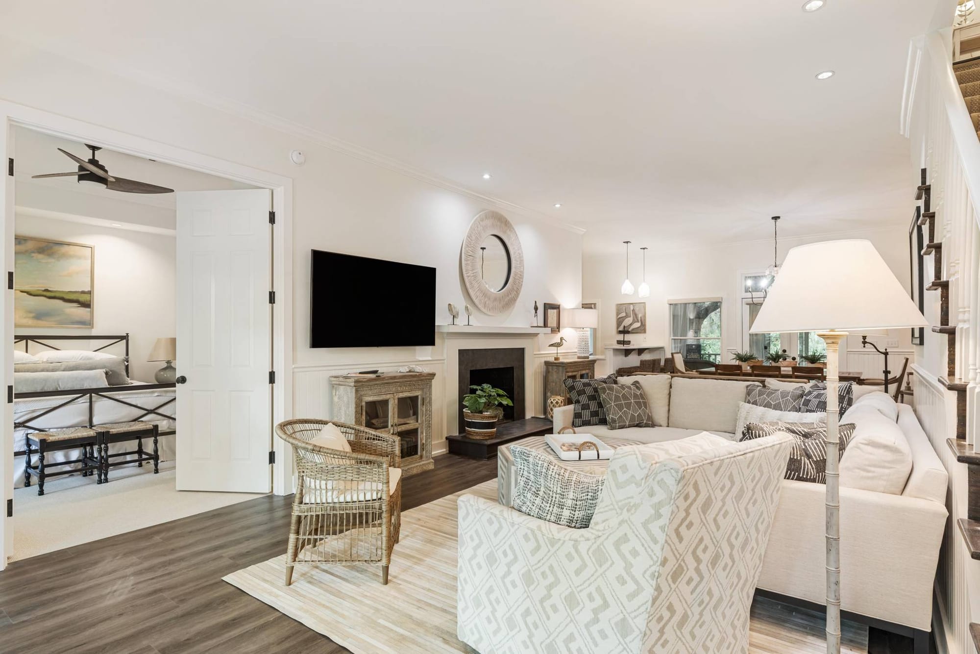 Modern living room with neutral decor.