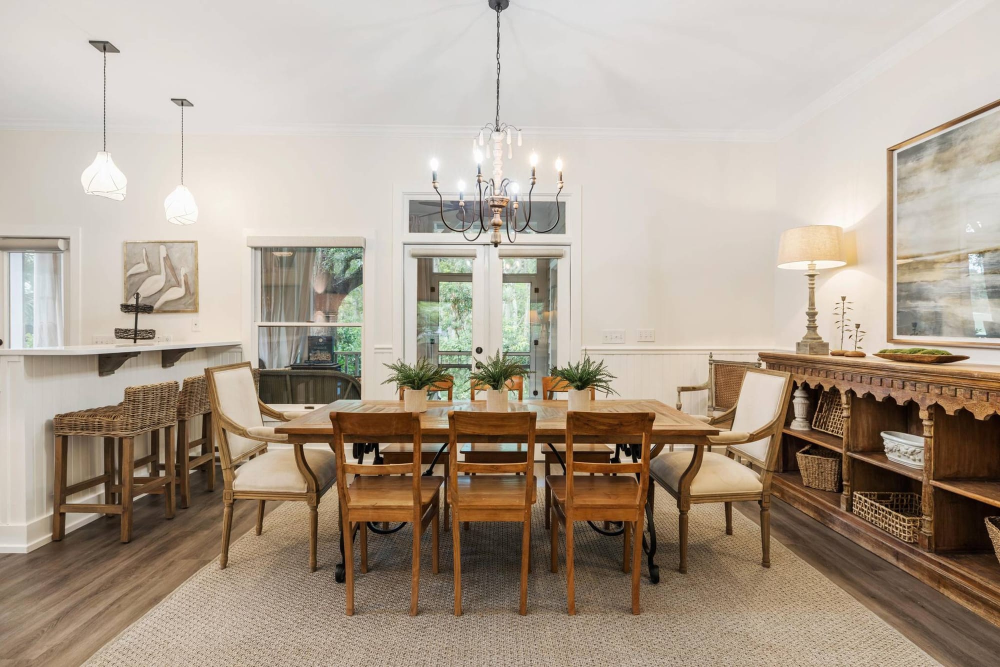 Elegant dining room with chandelier.