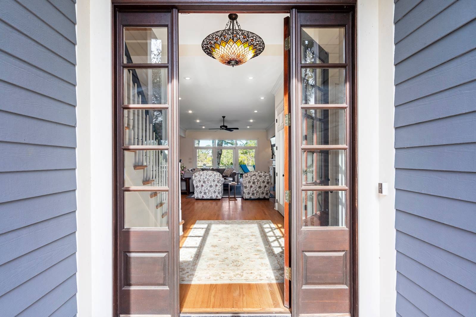 Open doors to cozy interior.