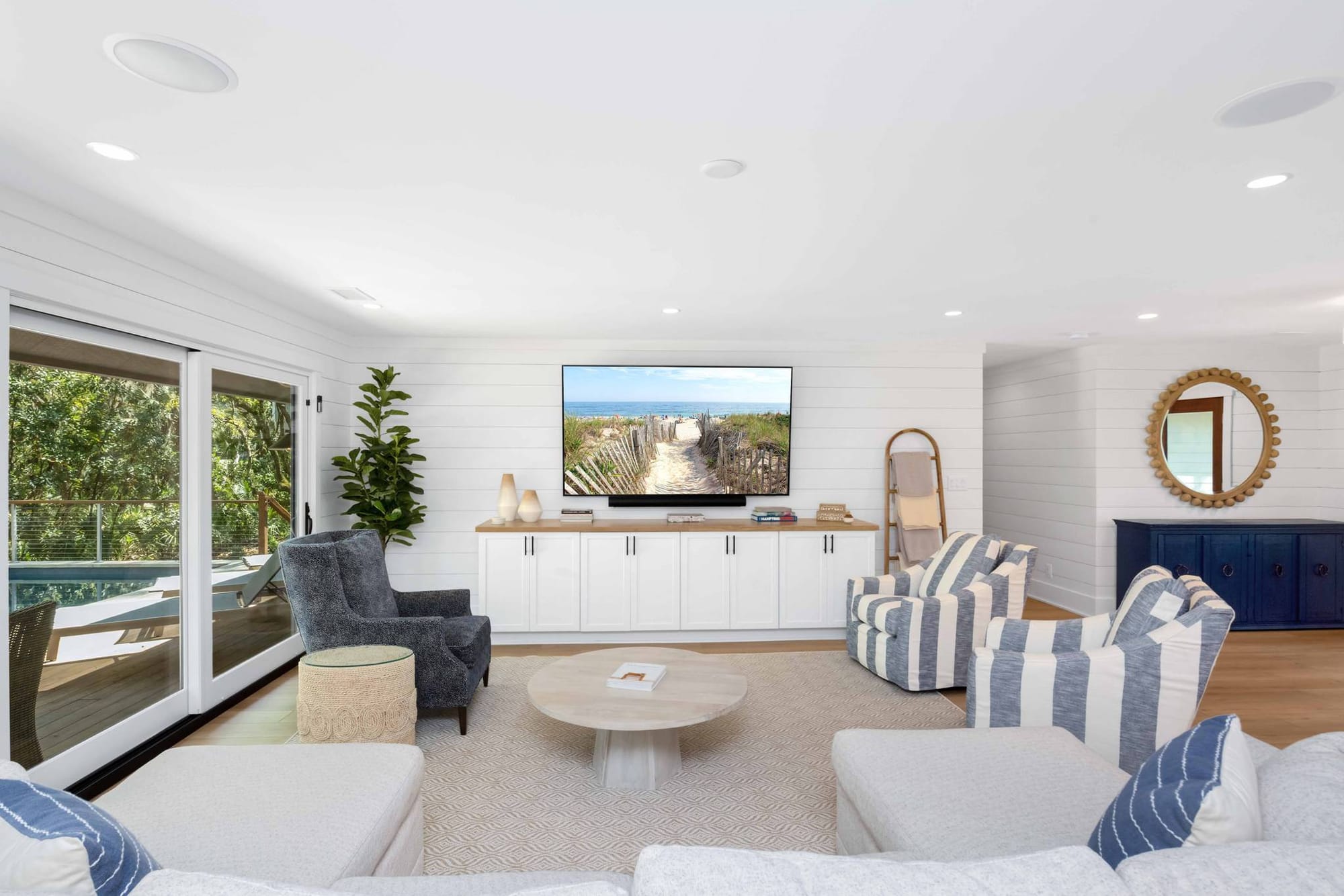 Cozy living room, striped chairs.