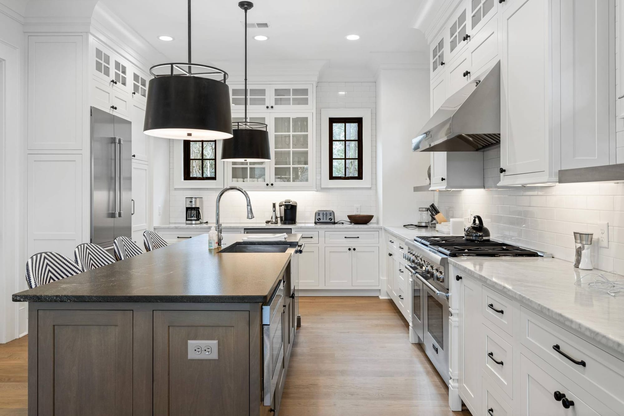 Elegant modern white kitchen interior.