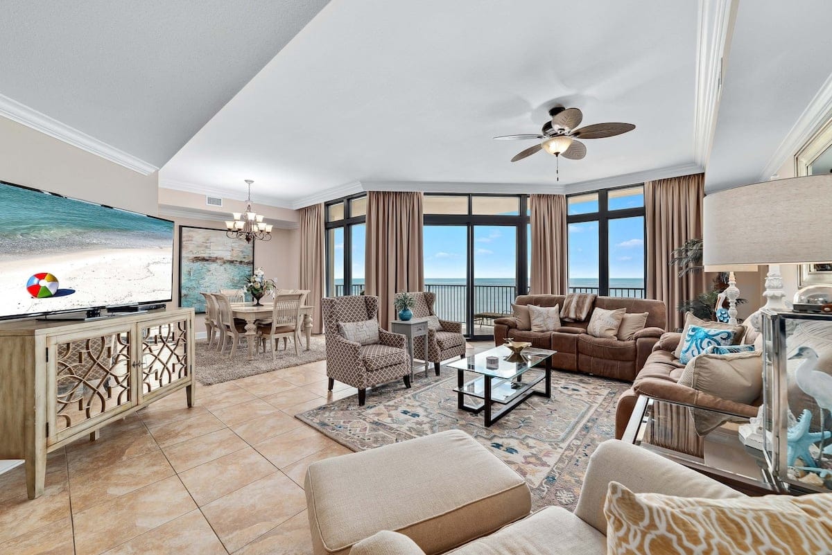 Spacious living room with ocean view.