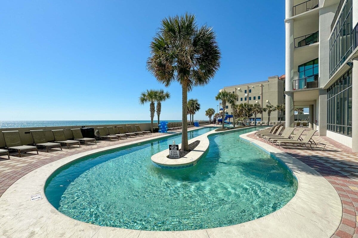 Lounge area by outdoor pool.