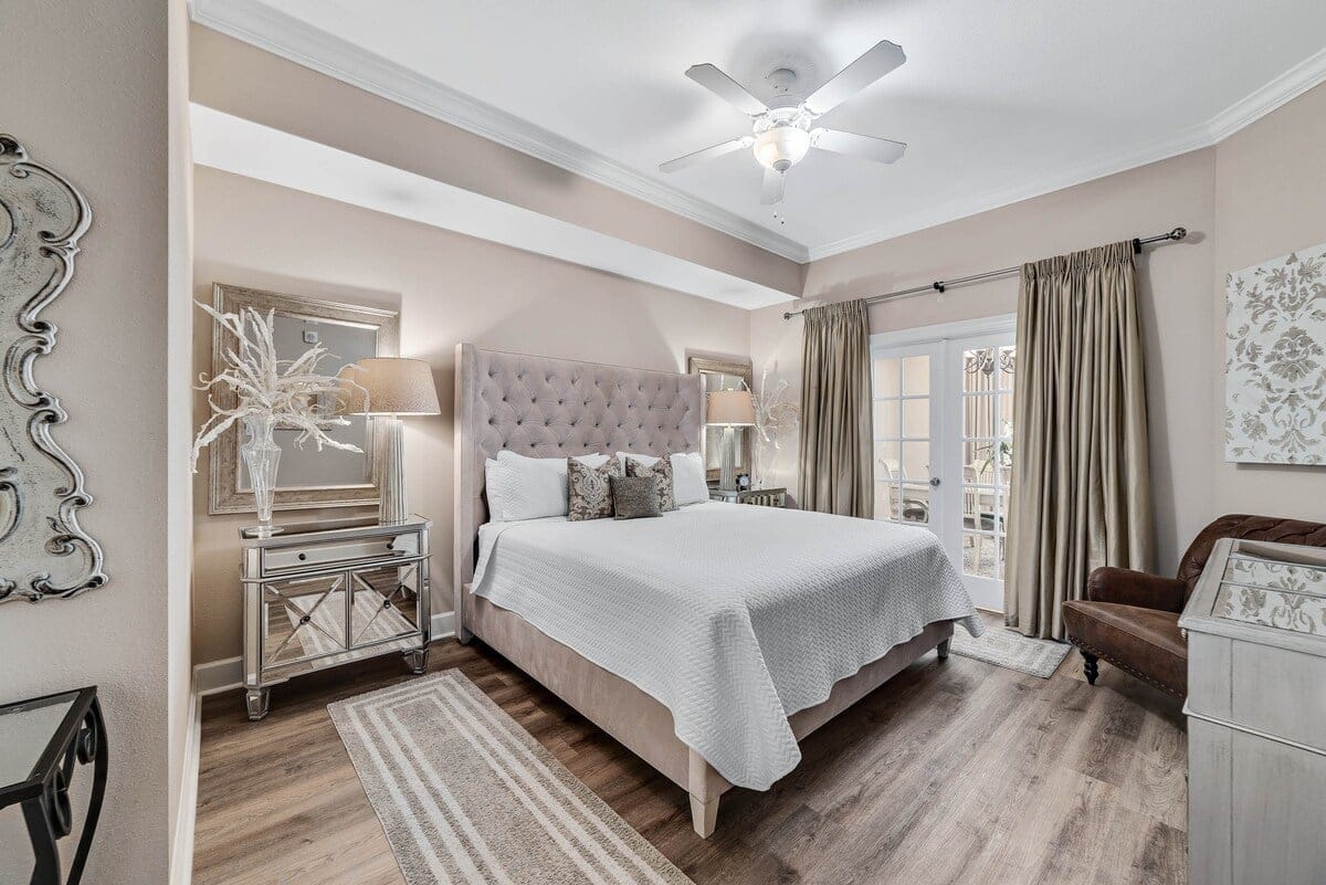 Elegant bedroom with neutral decor.