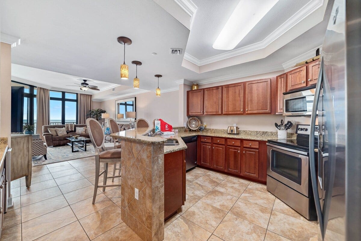 Open-concept kitchen and living room.