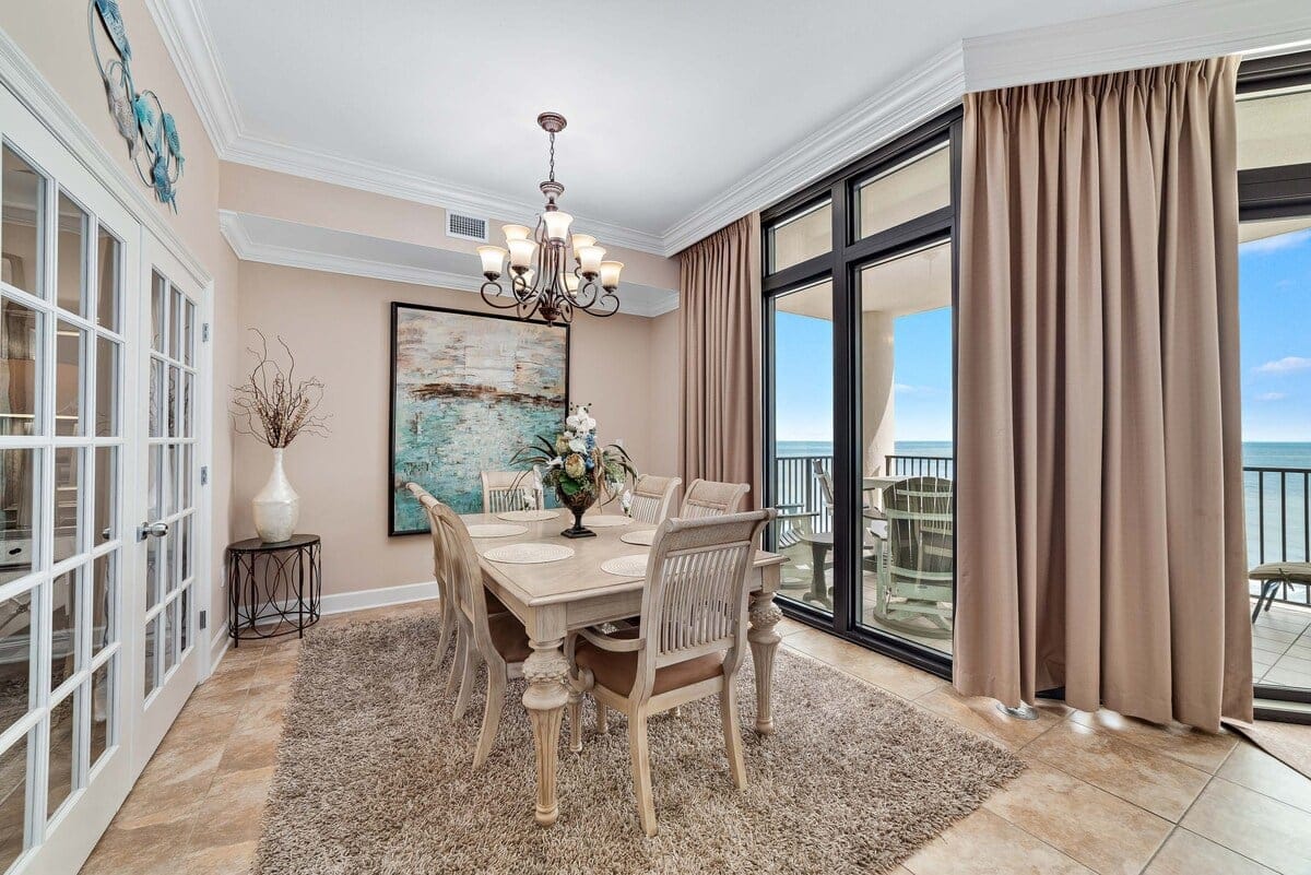 Elegant dining room with ocean view.