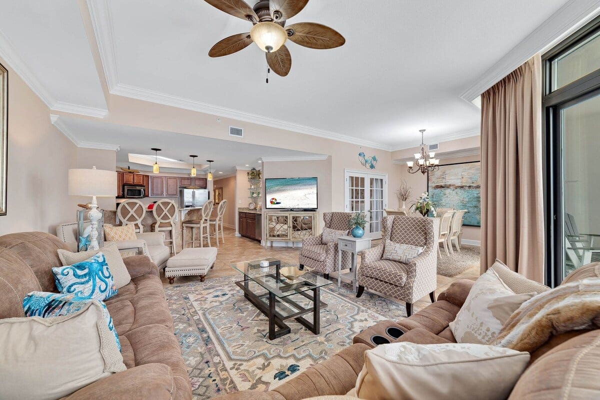 Spacious living room with kitchen.