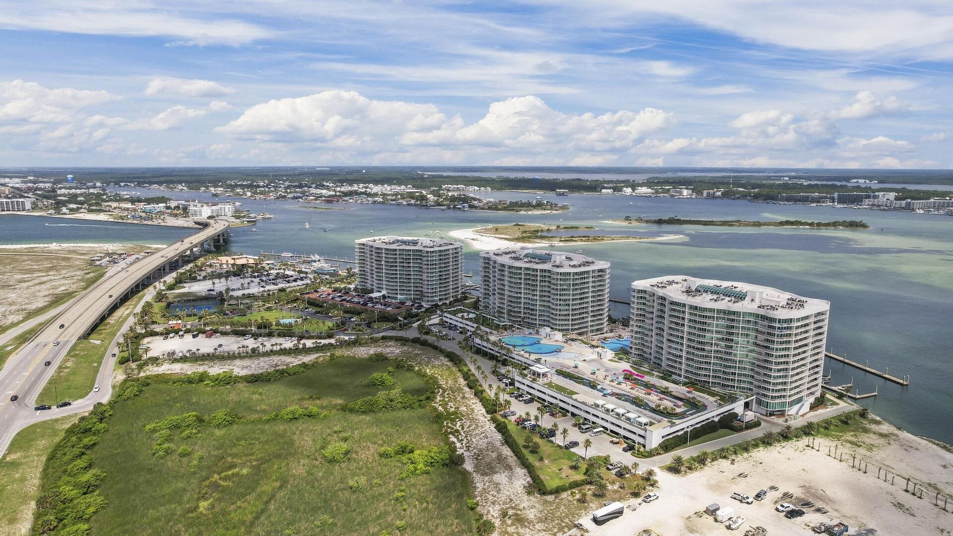 Aerial view of waterfront buildings.