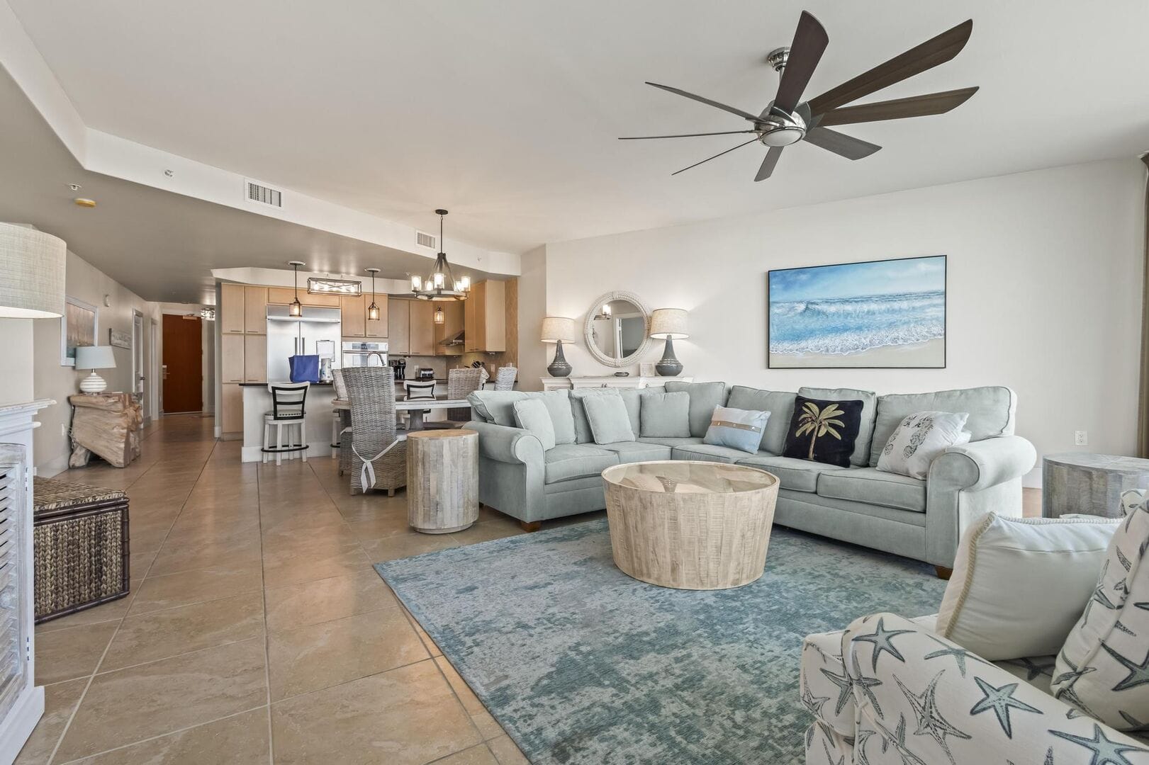 Modern coastal-themed living room interior.