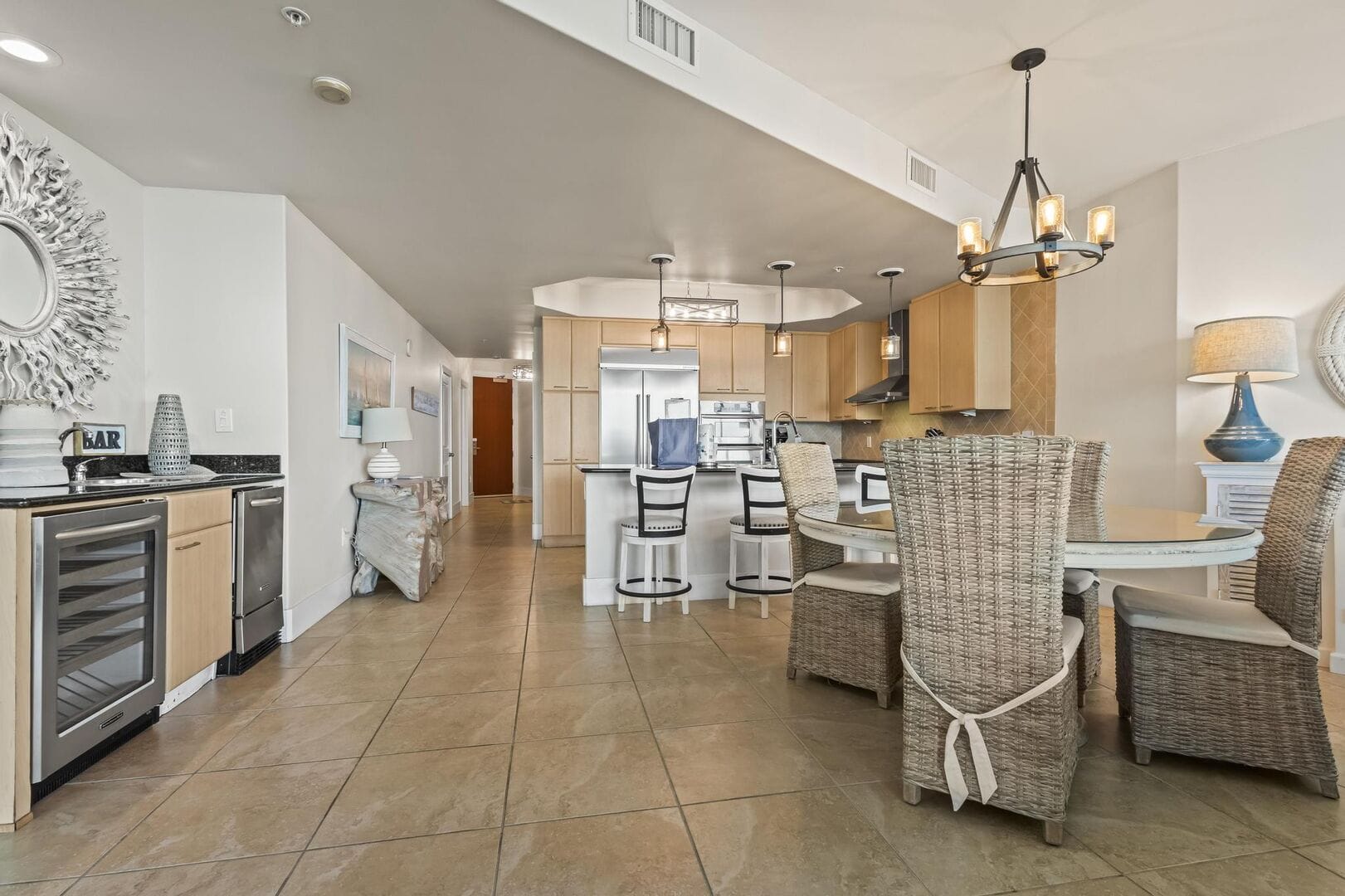 Modern kitchen with wicker furniture.