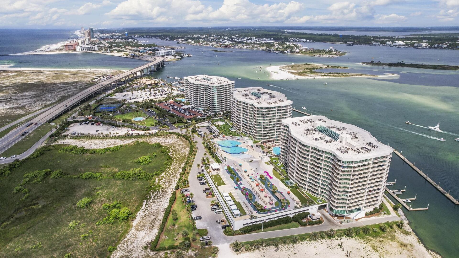 Aerial view of coastal buildings.