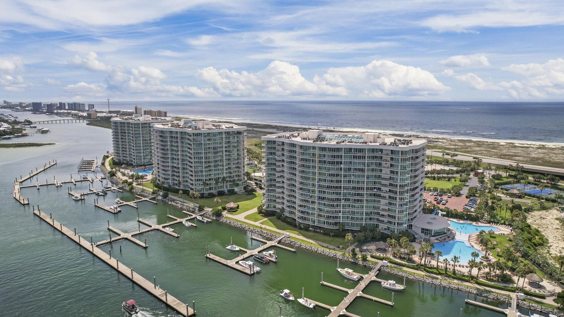 Modern waterfront condos with marina.