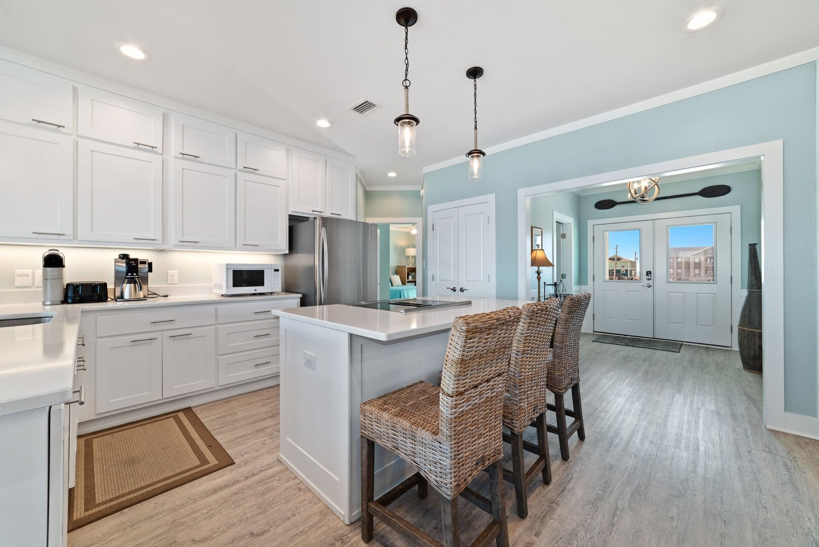 Modern kitchen with island seating.