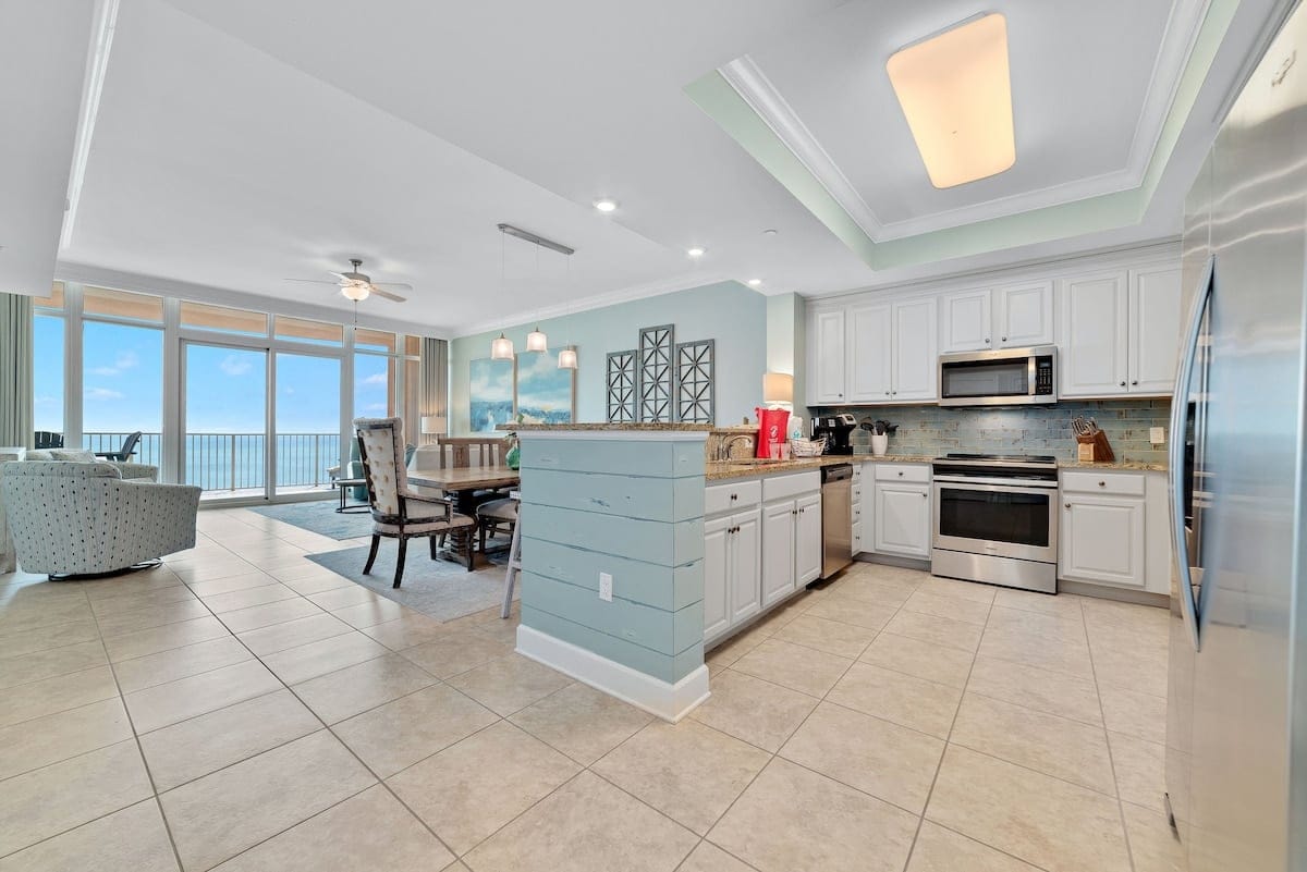 Coastal kitchen and dining area.