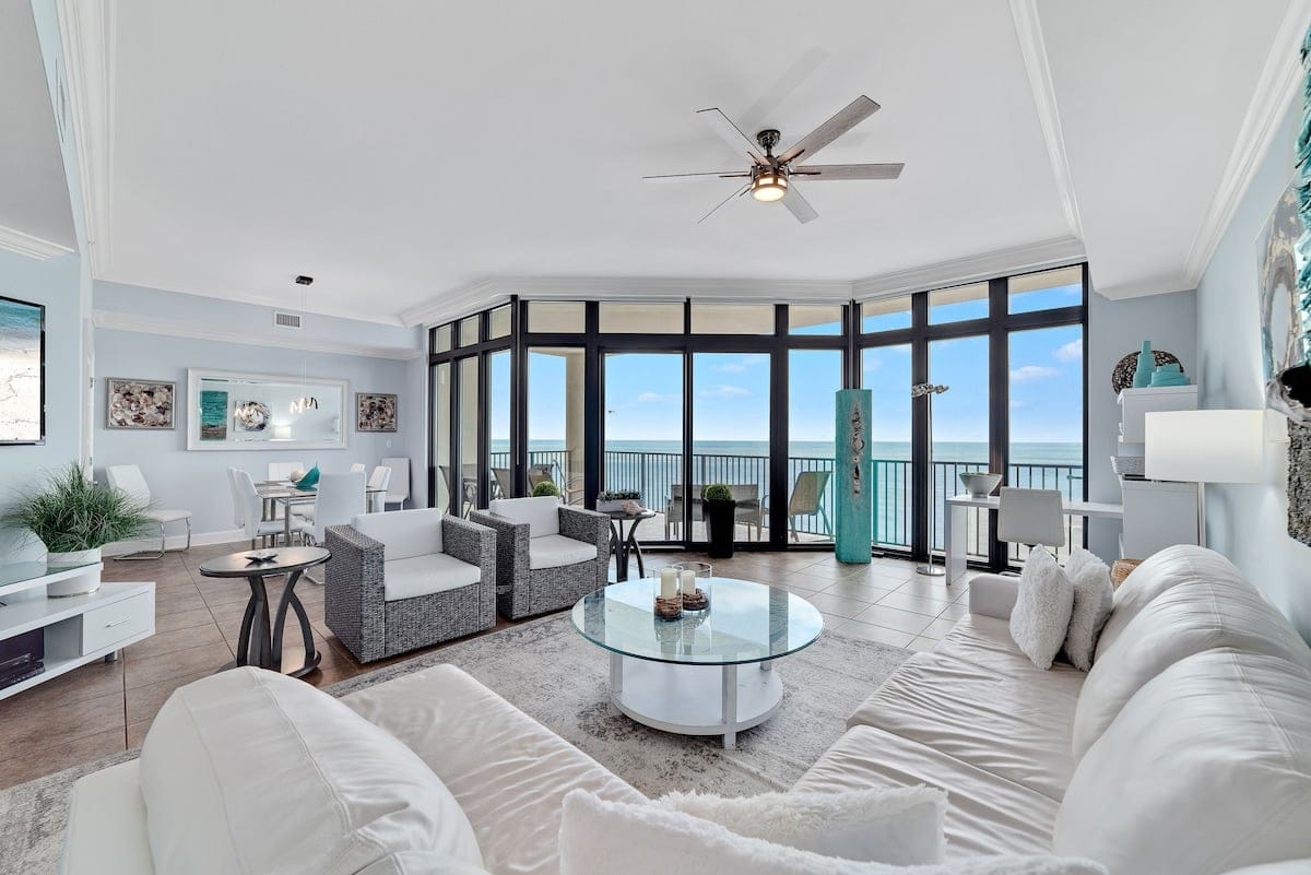 Modern living room with ocean view.