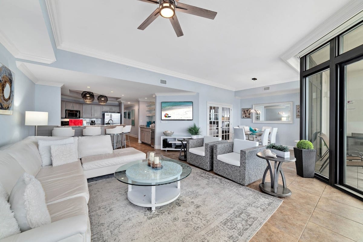 Modern open-plan living room interior.