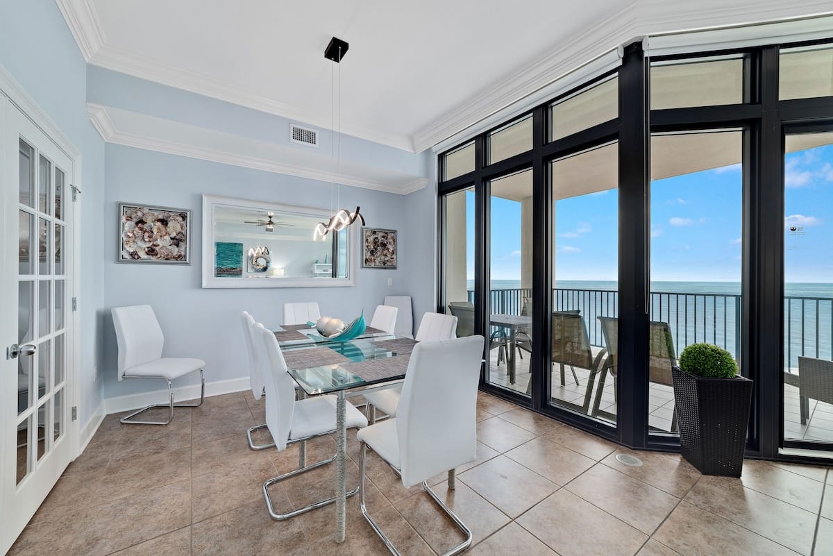 Modern dining room with ocean view.