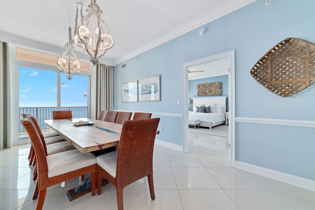 Modern dining room with ocean view.