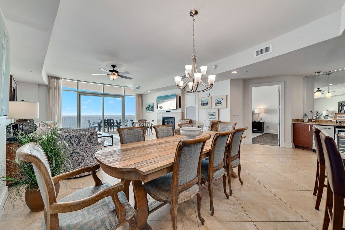 Elegant dining room with ocean view.