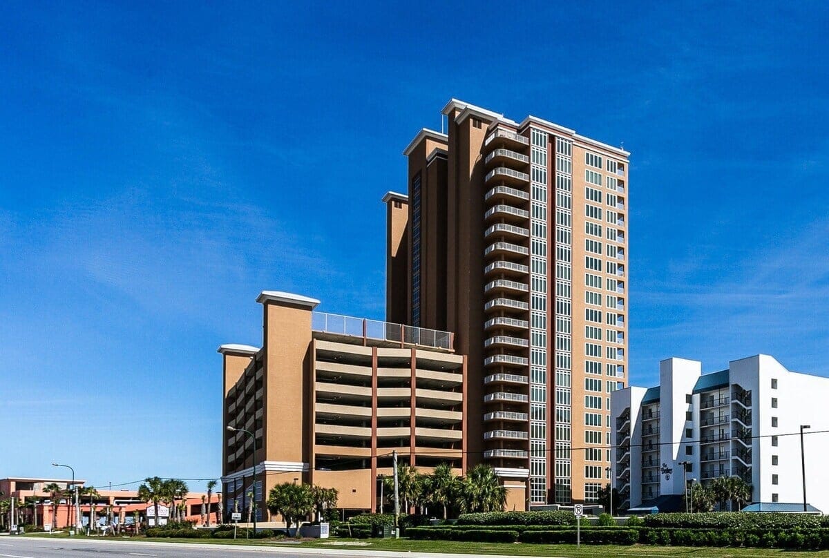 Tall building under clear sky.