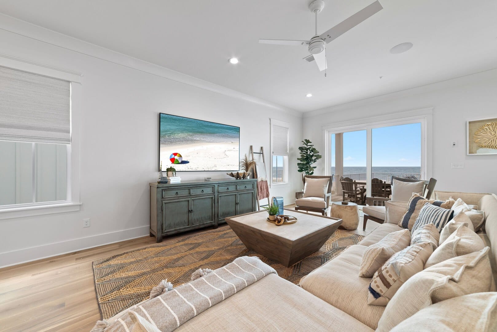 Bright living room with beach view.