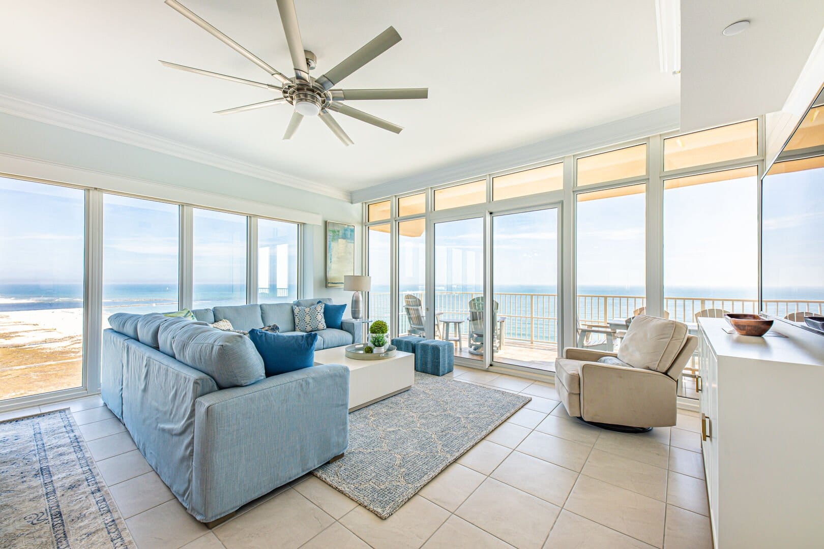 Bright living room with ocean view.