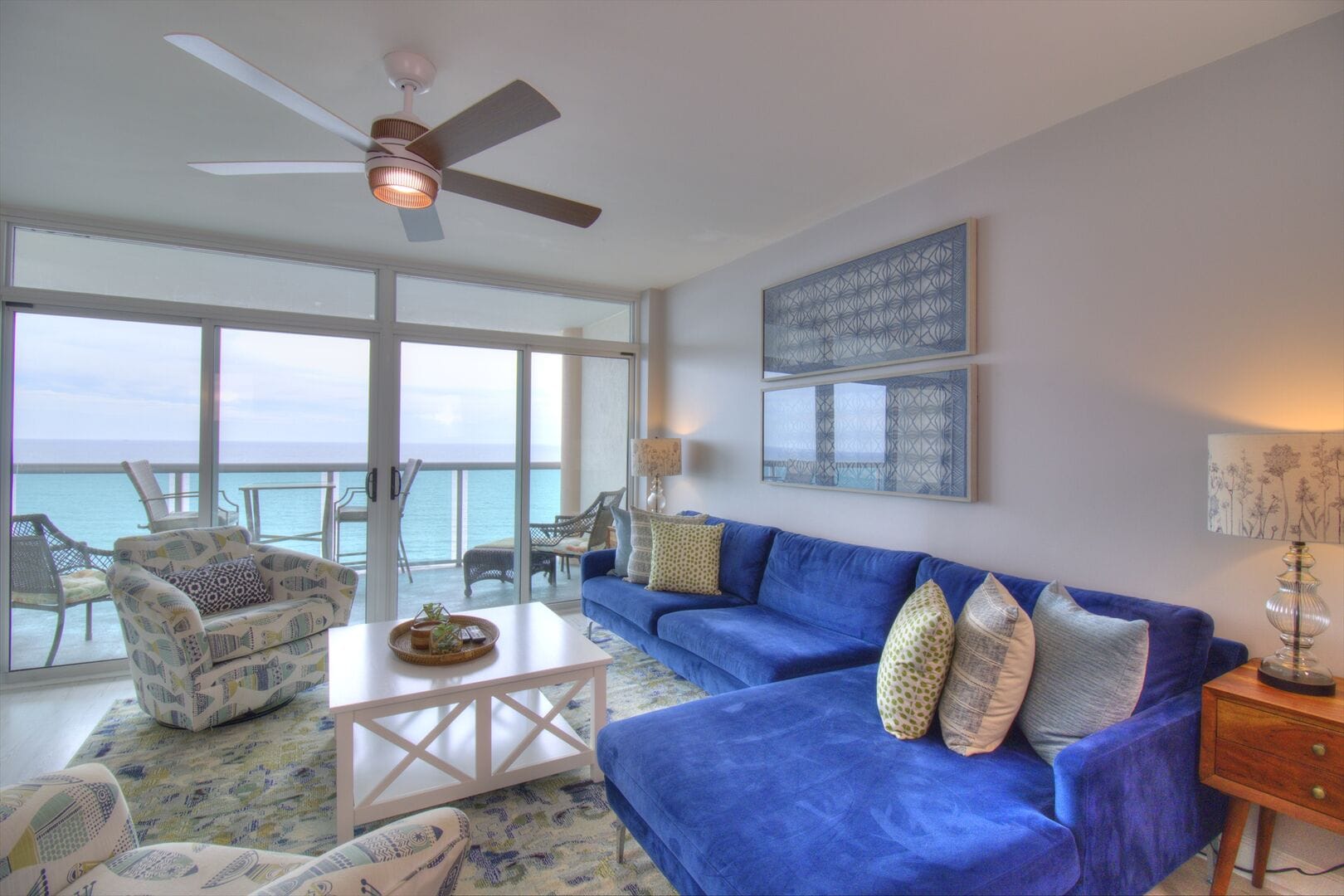 Coastal living room with ocean view.