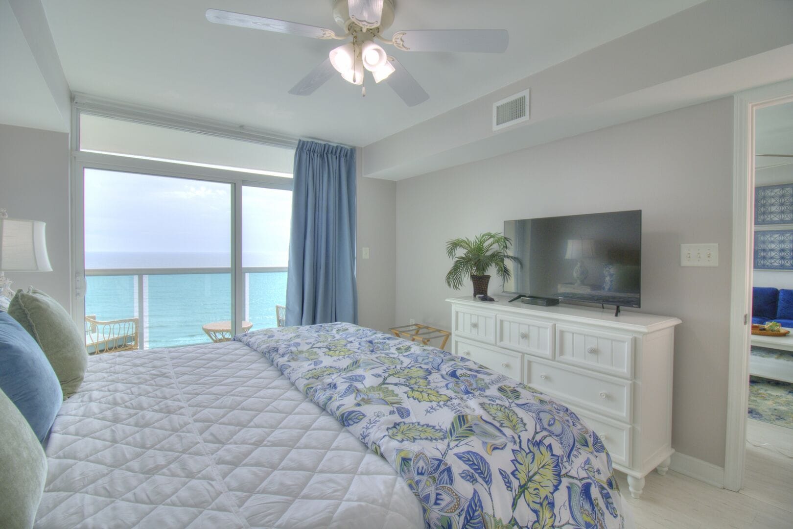 Coastal bedroom with ocean view.