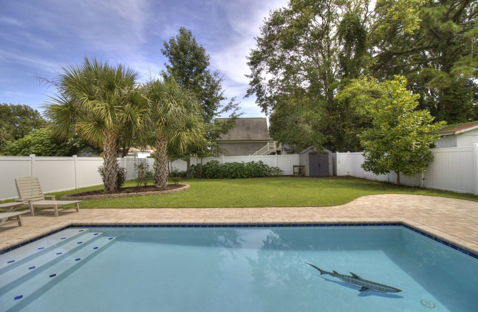 Backyard pool with palm trees.