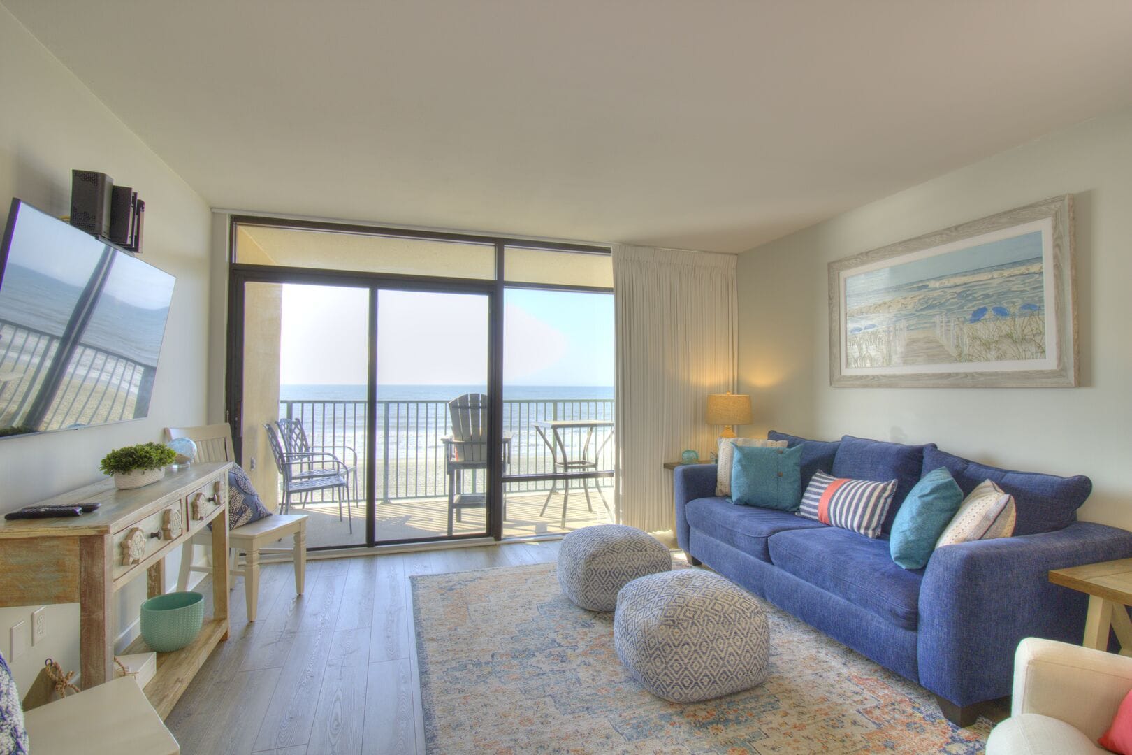 Cozy coastal living room, ocean view.