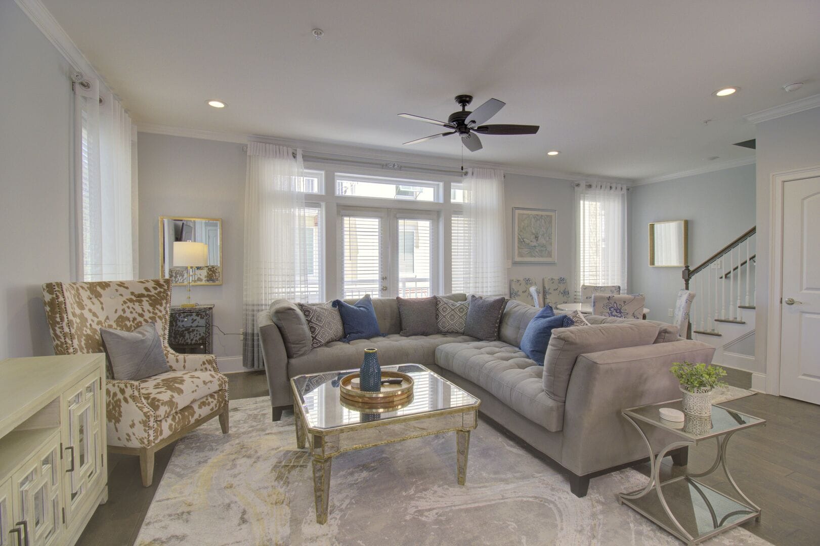 Modern living room with gray sofa.