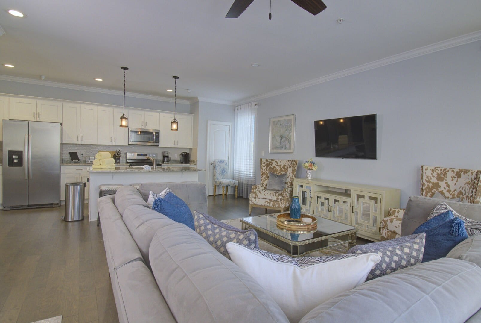 Open-plan living room and kitchen.